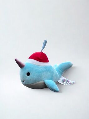 Squishmallow Wally the Narwhal w/ Santa Hat Christmas Plush ornament EUC